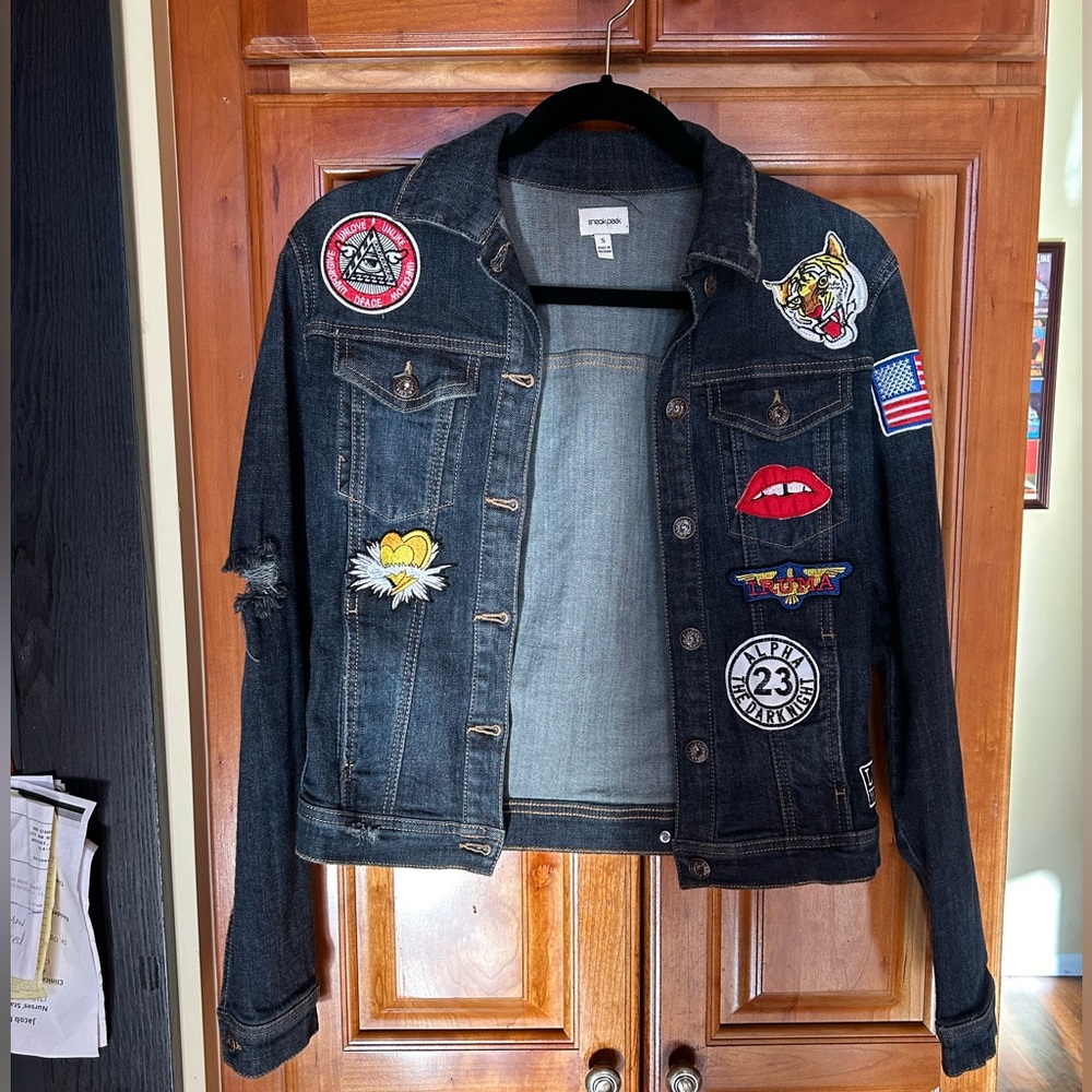 Sneak Peek Distressed Denim Patch Jacket